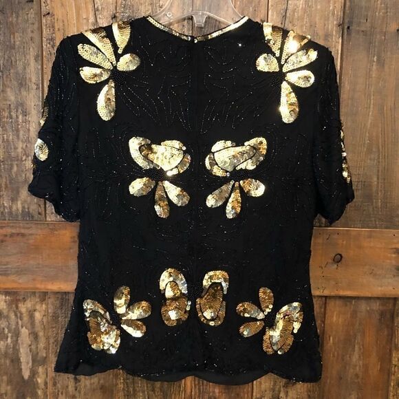 Stenay M VTG ‘90s 100% Silk Black Gold Mesh Floral Beads Sequin Mafia Vibe Top - Picture 5 of 6